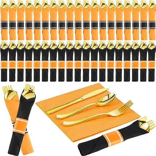 Halloween Silverware Set for 50 Guests - Black & Orange Pre-Rolled Plastic Cutlery with Napkins