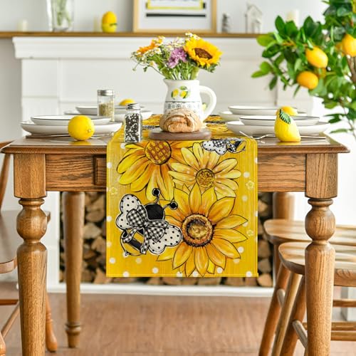 Yellow Sunflower Bee Flower Polka Dot Summer Table Runner 13x72 Inch - Home Decor
