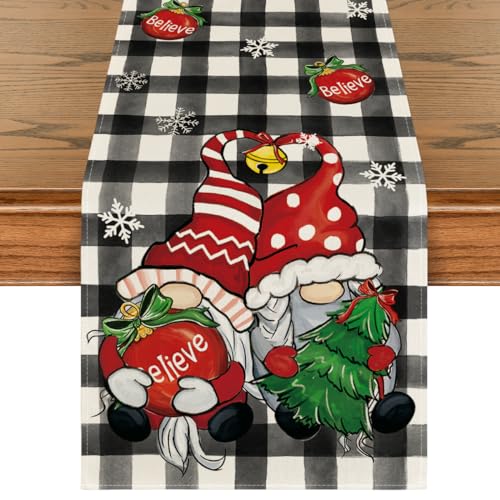 Buffalo Plaid Gnome Xmas Tree Place Mat Set with Table Runner - Holiday Decor