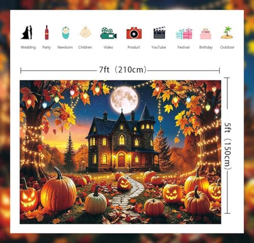 Halloween Fall Backdrop 82x59 Inch Haunted House Pumpkin Full Moon Banner