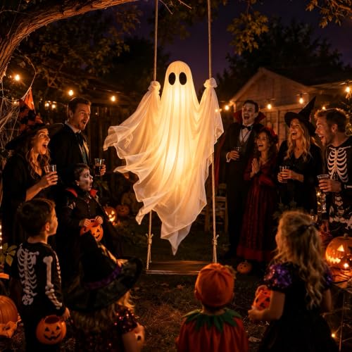 Outdoor Hanging Ghost Swing Decoration 4-8FT with Remote Light - White, Cool White Variation