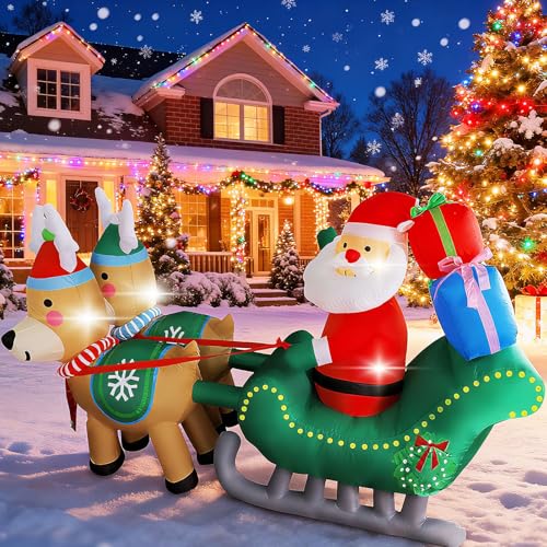 Inflatable Santa Sleigh with Reindeer - 6.7FT Christmas Yard Decor with LED Lights