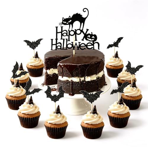 Halloween Cupcake Toppers Black Bat & Cat Style Set - 25 Pieces, Style-2