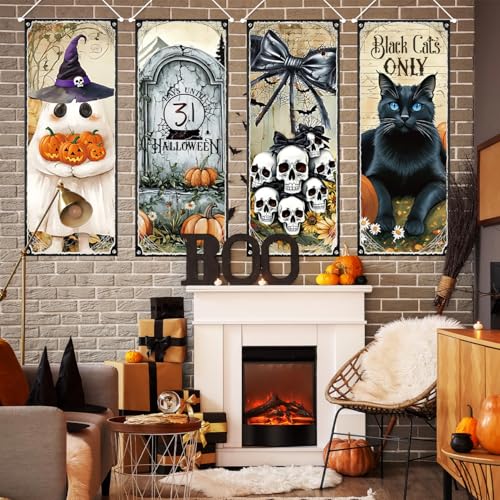 Halloween Hanging Banner 4PCS Black Cat Skull Ghosts Haunted Mansion Decor