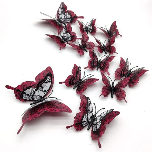 Halloween Butterfly Wall Stickers Set - 24 Removable 3D Decals in Red & Black