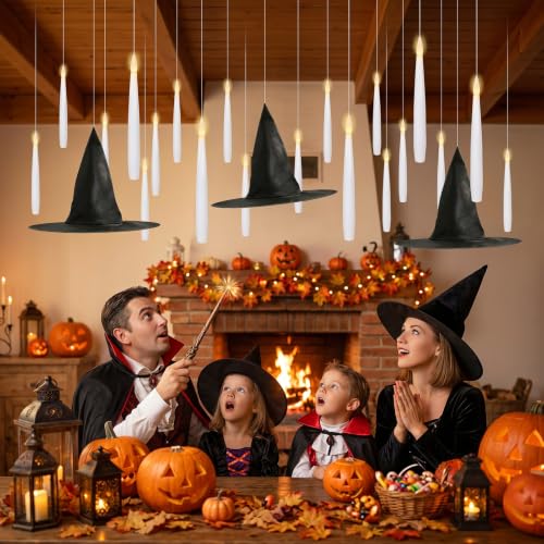 Halloween Flameless Floating Candles Set with Wand Remote & Witch Hats