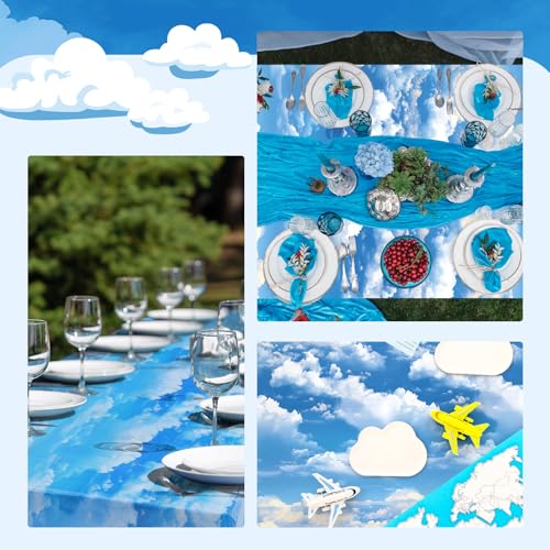 Blue Sky White Cloud Party Tablecloth - 1181 x 59 Inch, Cloud Pattern, Waterproof & Cuttable, Children's Birthday & Outdoor Decor - Variation: Clouds / 15.9 x 3.2 Inch