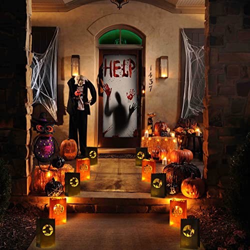 Halloween Luminary Bags Set - Witch, Castle & Cat Silhouettes, Flame-Resistant Lanterns, 48 Pack