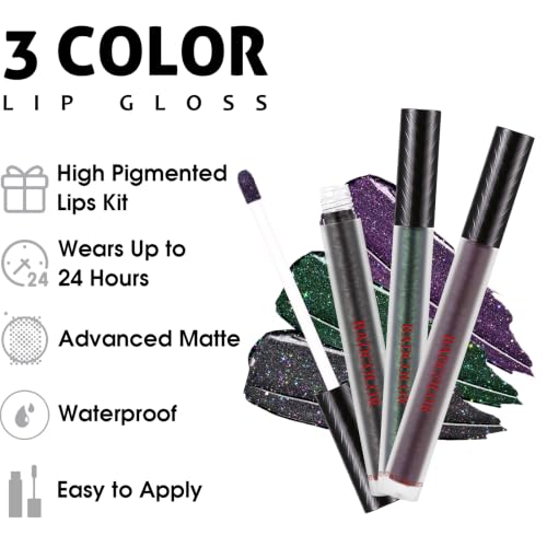 Liquid Lipstick Set - Black Green Purple Glitter Matte Long-Lasting for Halloween