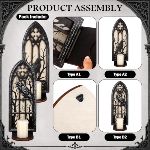 Gothic Wall Candle Sconces Set of 2 - Halloween Cathedral Arch Decor with Removable Trays