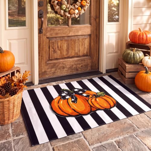 Fall Doormat Set with Pumpkin & Striped Welcome Mats - Outdoor Porch Decor
