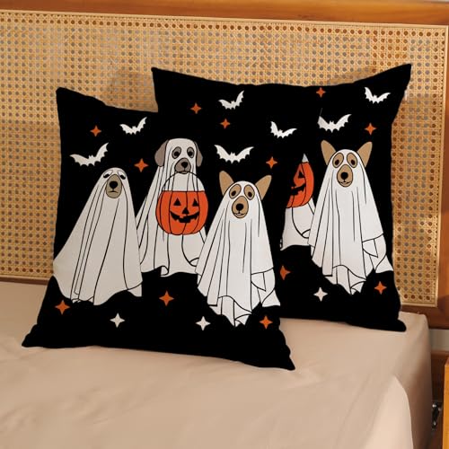 Halloween Pillow Covers 18x18 Pack of 2 - Black Beige Dog & Bat Decor