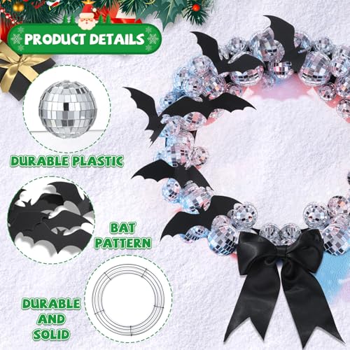12-Inch Halloween DIY Disco Ball Wreath with Bats & Ribbons for Front Door
