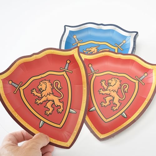 Medieval Knight and Dragon Paper Plates - 48 Pcs Shield-Shaped Tableware for Fantasy & Castle Theme Parties