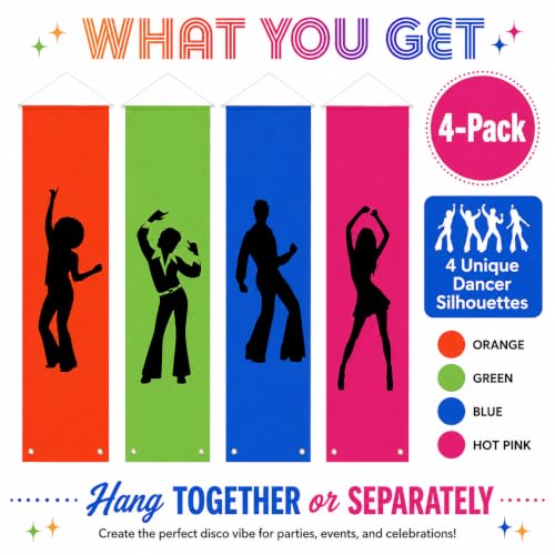 Disco Party Decorations Neon Hanging Banners - 4 Pack, 59 x 15.7 Inches