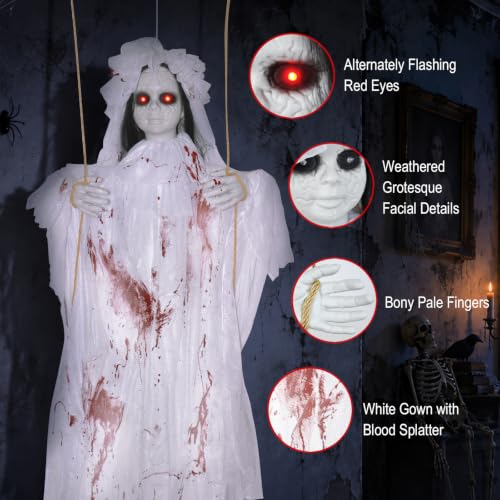 Halloween Swinging Ghost Girl Hanging Prop Indoor Outdoor Decorations with Sound & LED Eyes