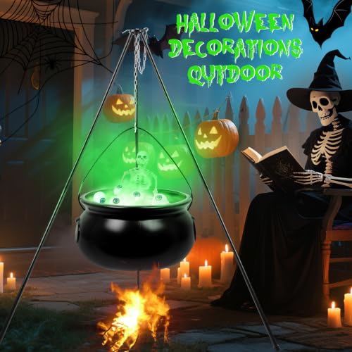 Green Halloween Witch Cauldron Decoration Set with Tripod & Lights - Outdoor