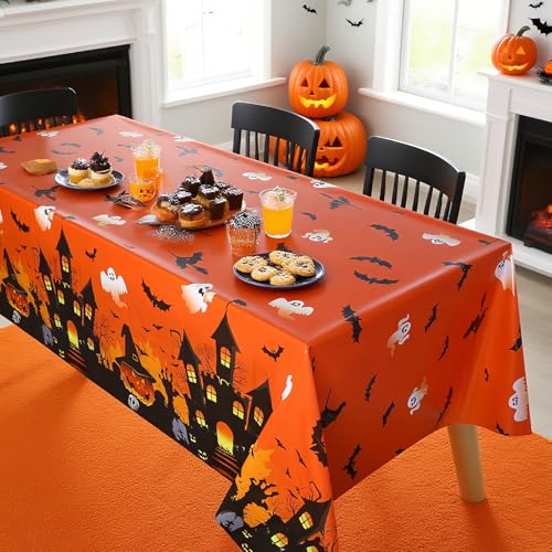 Halloween Tablecloth Set - 4 Pack Rectangle Pumpkin Bat 54x108 Inches Orange Halloween Decor