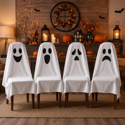 Halloween Ghost Chair Covers Set of 4 - 59x63 Inch Spooky Decor for Chairs