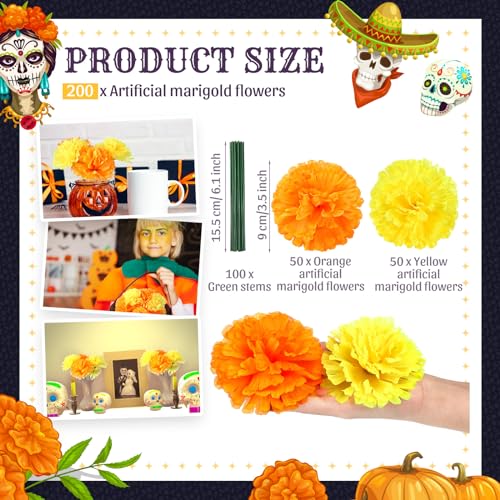 Artificial Silk Marigold Flowers with Stems - Orange & Yellow, 100 Pieces