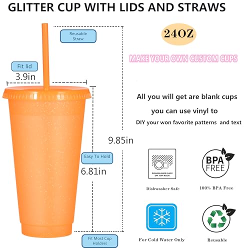 Reusable Plastic Water Bottle with Straw and Lid - 36 Pack, Orange, Travel Mug for Parties