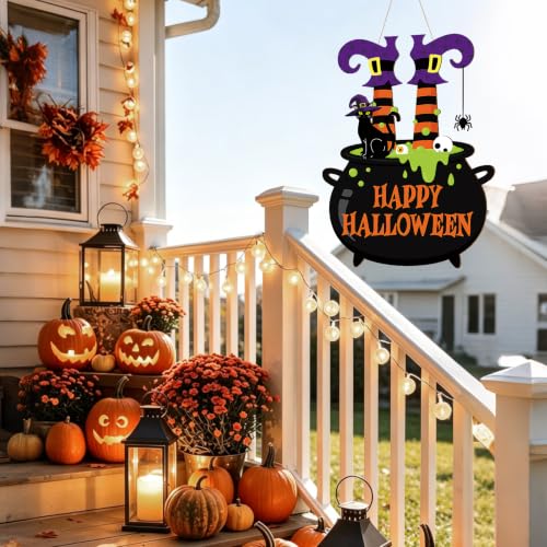 Large Black Halloween Wooden Door Wreath - Happy Halloween Sign for Front Door & Wall Decor