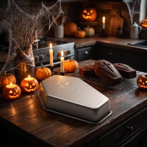 Coffin Cake Pan with Cross Pattern 9.5 Inch Non-Stick Halloween Mold - Cross