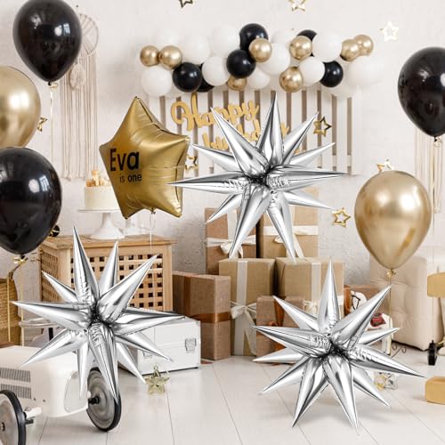 Silver Star Foil Balloons Set - Explosion 12-Point Cone Balloons for Wedding & Party Decor - Variation: Silver Star Cones