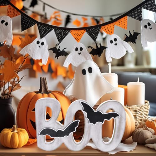 White Wooden Boo Sign Halloween Decor Indoor Table Centerpiece