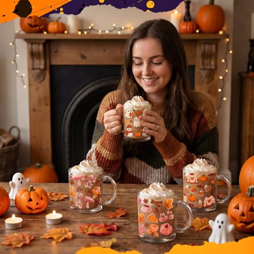 Fall Coffee Mug Set - 4 Pcs 12 oz Pumpkin & Leaf Harvest Glass Cups - Variation Leaf