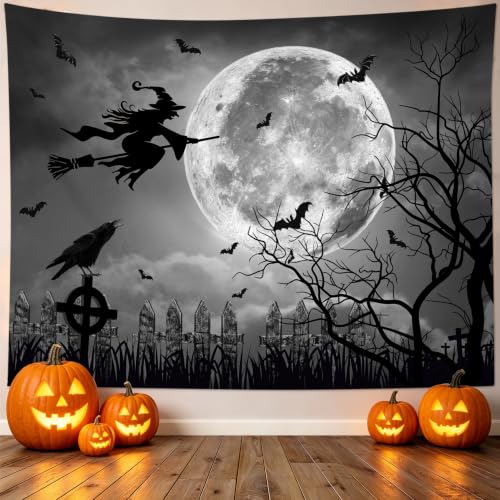 Halloween Wall Tapestry Full Moon Witch & Black Crow Scene 70x92 Inches - Grey Variation