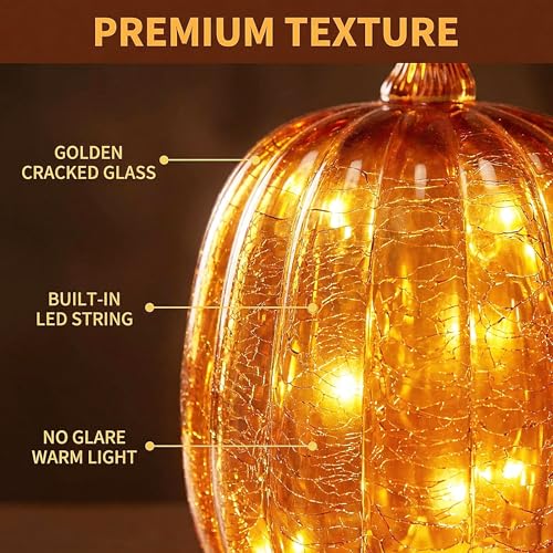 Gold Crackled Glass Pumpkin Lights with Timer - Fall Home Decor