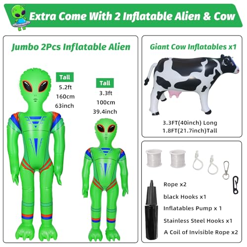 Alien Party Decorations 4.2FT Hanging UFO Cow Abduction Inflatable with 2 Jumbo Aliens & Cow - Halloween Yard Decor with LED Lights