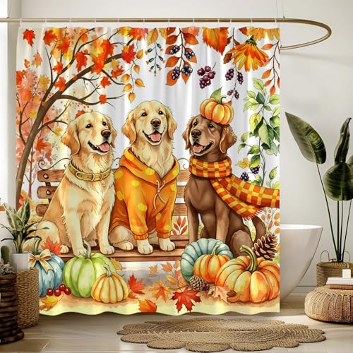 Orange Fall Dog Shower Curtain with Pumpkin & Maple Leaves - 70x70 Inches, Rustic Bathroom Decor with Hooks