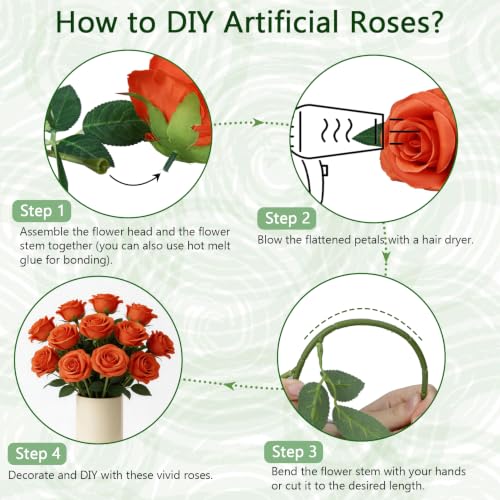 Artificial Orange Rose Flowers with Stems - 12 Pack, Realistic Silk Blooms