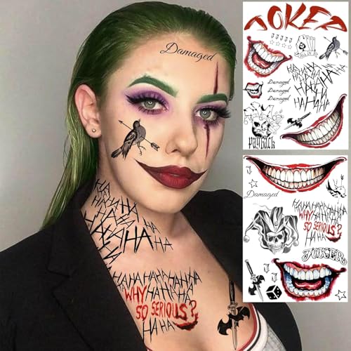 Joker HQ Temporary Tattoos Set - 6 Sheets Halloween Cosplay Body Art