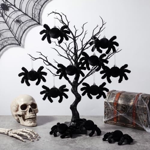 Halloween Spider Tree Decorations Set - 12 Black Fluffy Ornaments for Holiday Decor
