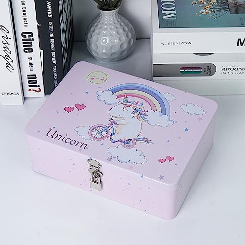 3-Piece Unicorn Pattern Metal Storage Box Set Pink Locking Organizer