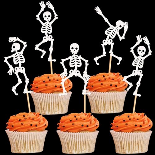 White Skeleton Cupcake Toppers 25Pcs Glitter Skeleton Decorations for Halloween Party & Gothic Birthdays - Variation: White Skeleton