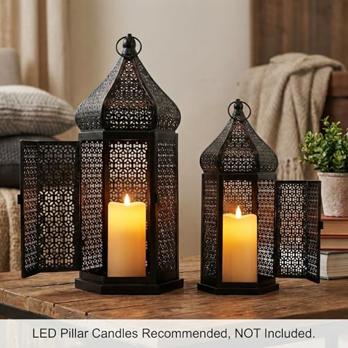 Set of 2 Black Moroccan Lanterns - 11 Inch & 15 Inch Indoor Outdoor Decor