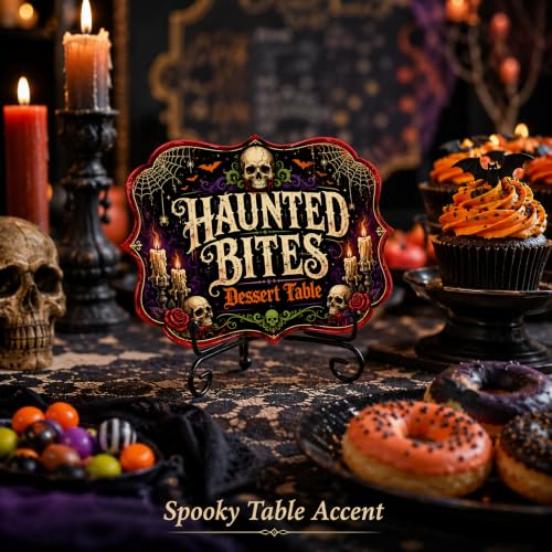 Halloween Dessert Table Sign - Haunted Bites Skull Wooden Snack Decor with Iron Stand