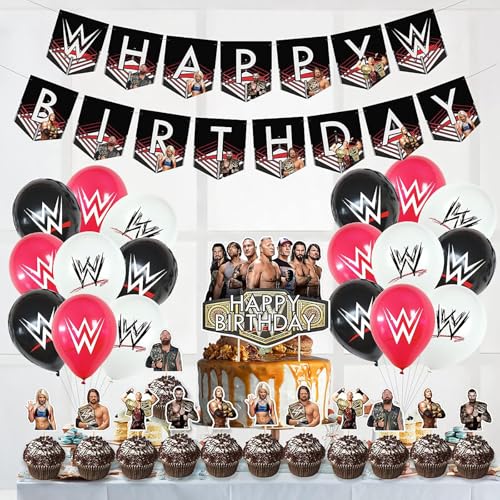 Black Wrestling Birthday Decorations Party Supplies Set with Banner, Cake & Cupcake Toppers, Balloons