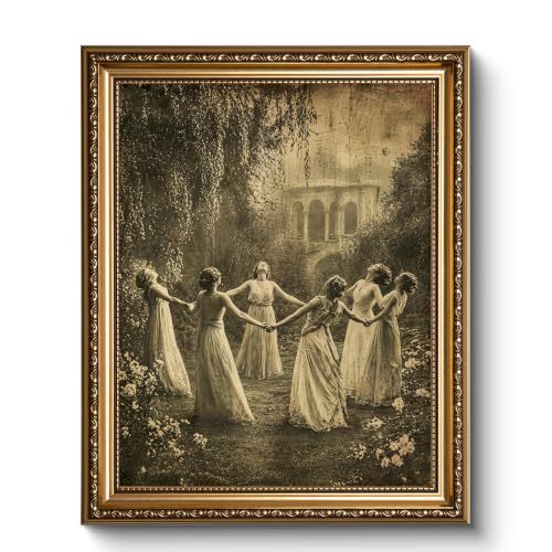 Witches Circle Dance Vintage Gold Framed Canvas Wall Art - 13x16 Inches