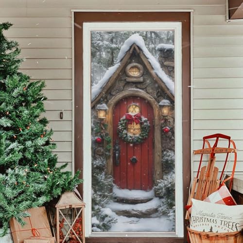 Christmas Fairy Door Cover - Stretch Fabric Porch Decoration 35x79 in - Holiday Door Cover