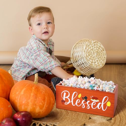 Wooden Thanksgiving Candy Bowl Large Blessed Fall Dish Holder - Harvest Decor