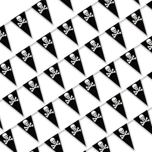 Halloween Pirate Banner Bunting with Black & White Skull Flags - 164 ft, 80 Pcs