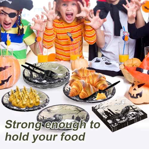 Halloween Tableware Set with Plates Napkins Forks Crow Style for 24 Guests