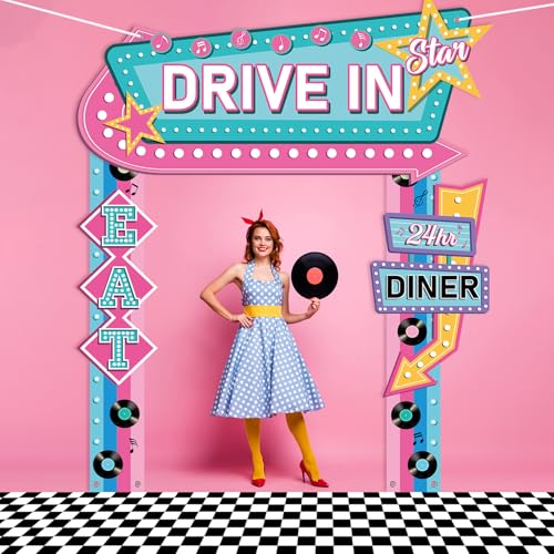 1950s Retro Diner Party Decorations Set with Banner Rug and Props