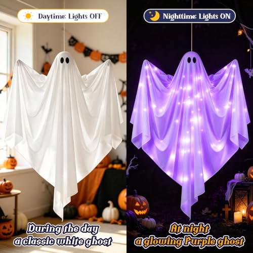 Halloween Hanging Light-up Ghost Decoration - 47-Inch Flying Purple LED Haunted House Prop