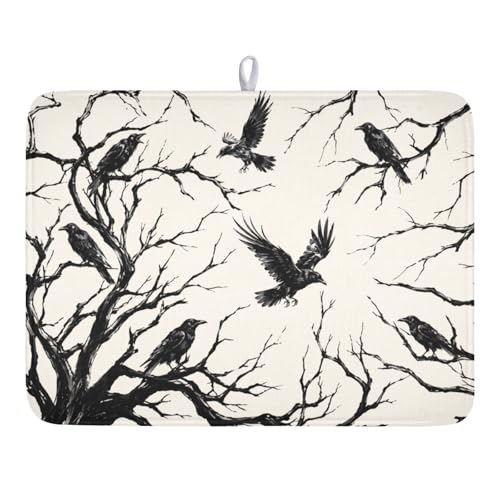 Halloween Crows Dish Drying Mat for Kitchen Counter Vintage Spooky Raven Pattern 24x18 Inches - Absorbent Microfiber Washable Drainer Pad